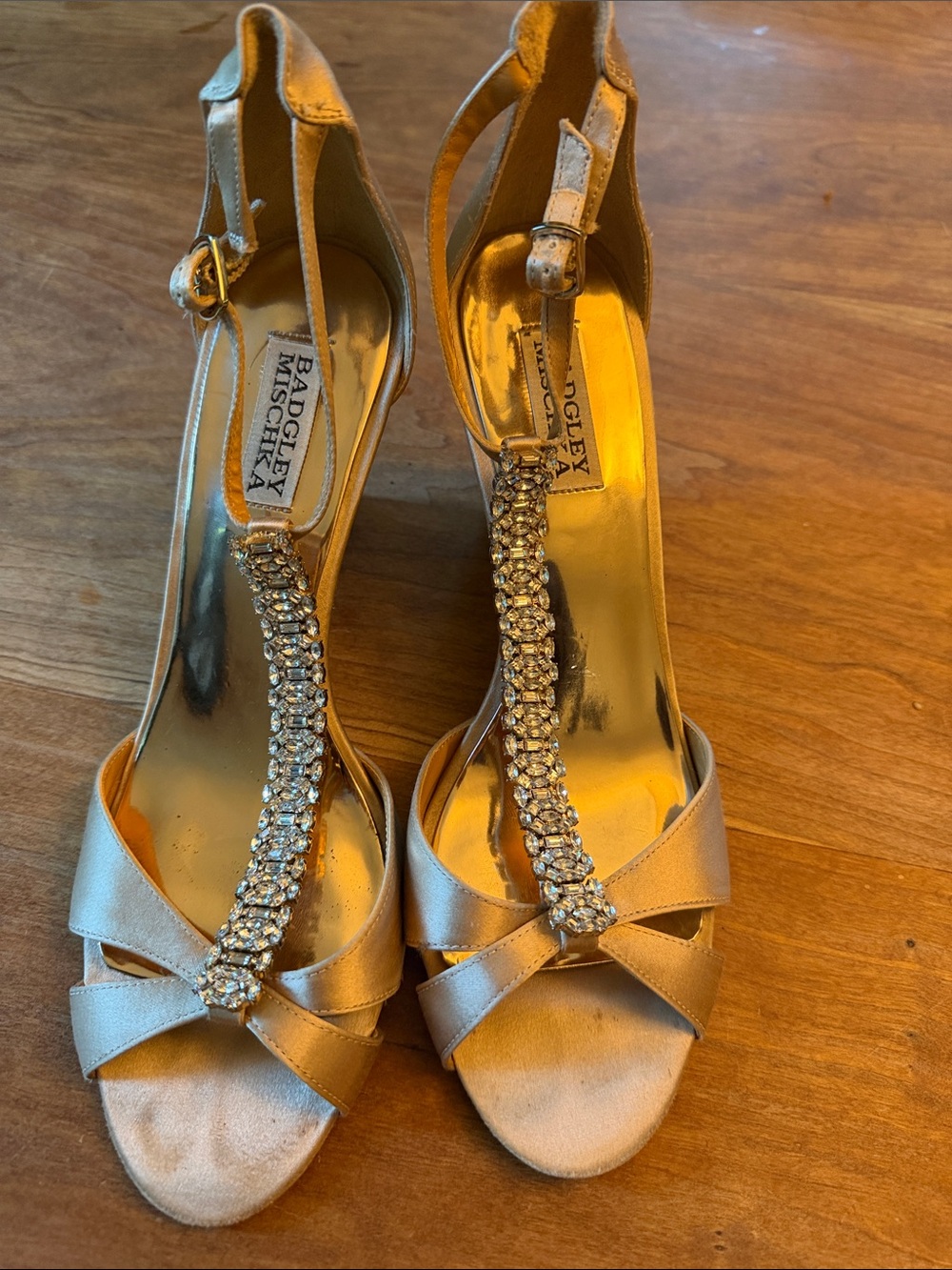 Badgley Mischka Champagne Gold Crystal T-Strap Heels